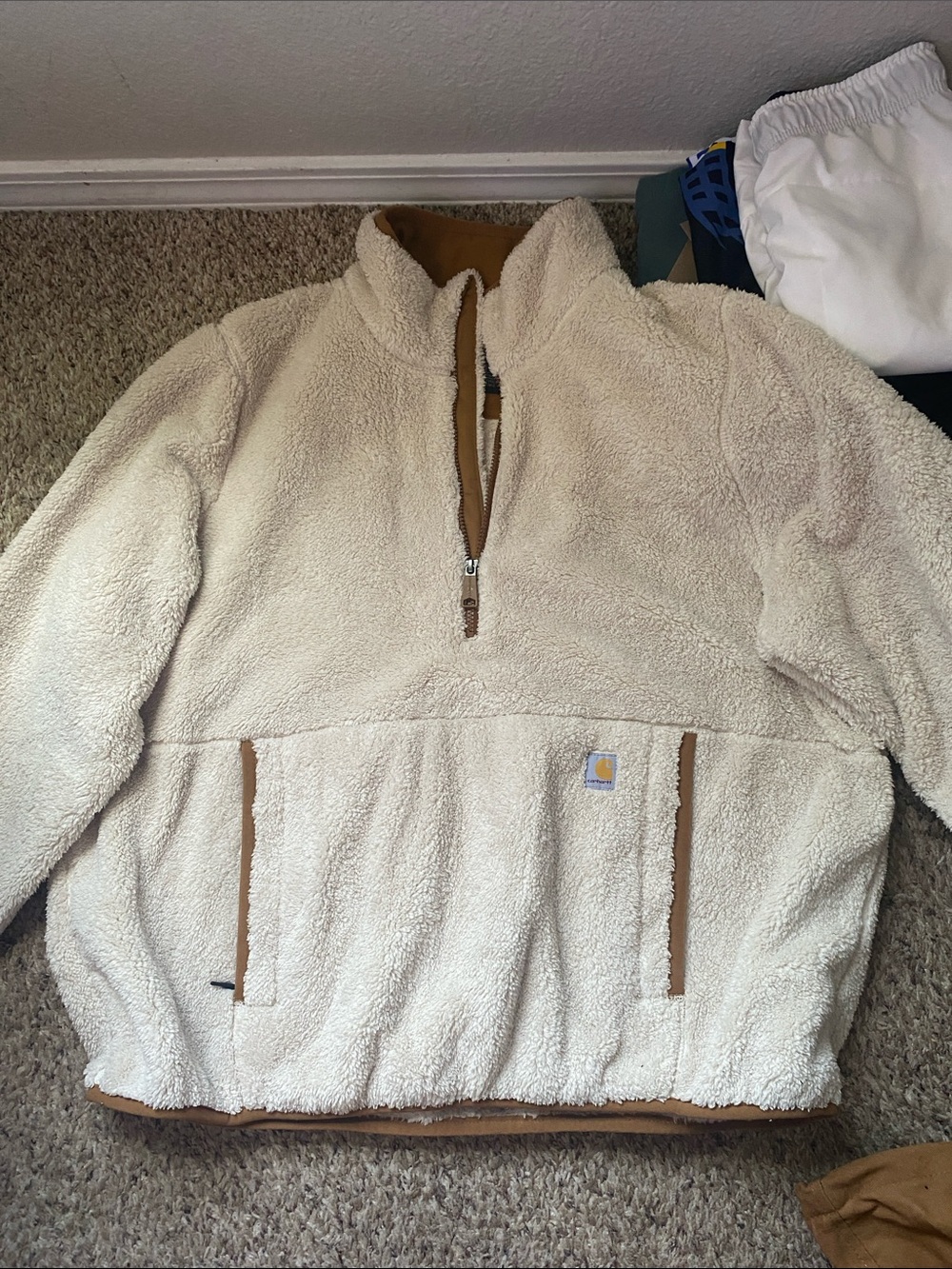 Carhartt Cream Sherpa Quarter-Zip Pullover with Brown Trim never worn